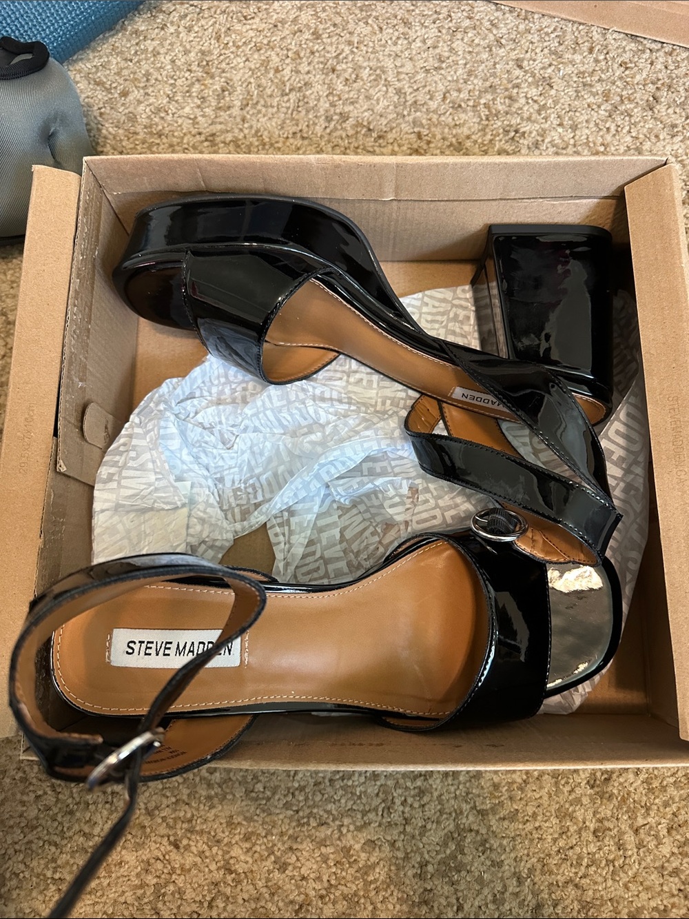 Steve Madden Black Patent Platform Heels with Ankle Strap